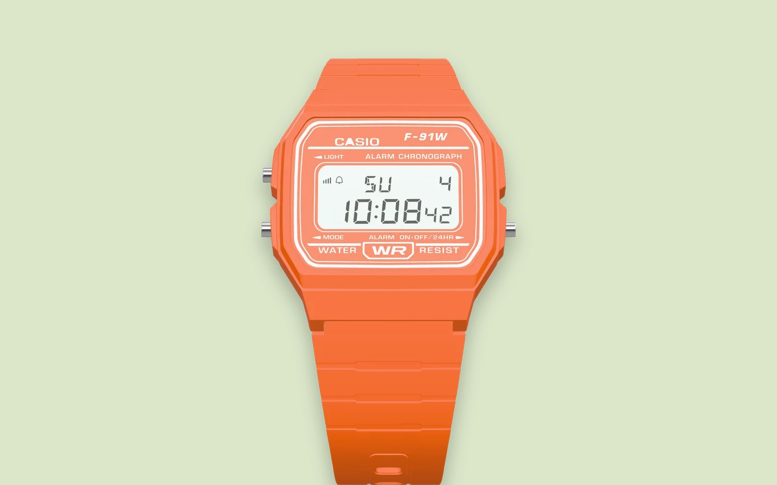 Casio F-91WC-4A2 Tangerine showing the three buttons on the case
