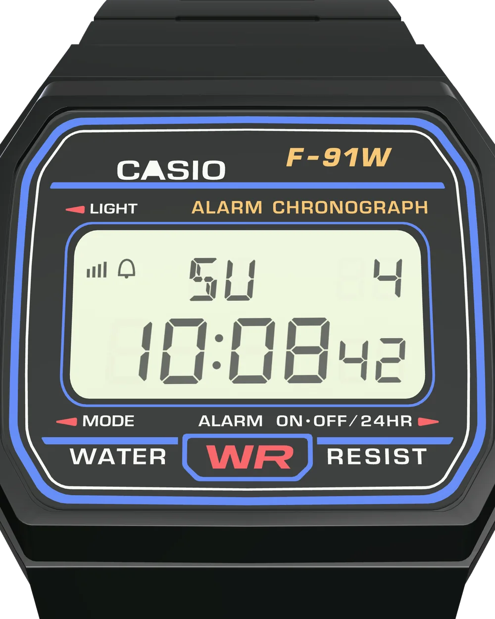 Casio F-91W-1 Classic Black, display close-up
