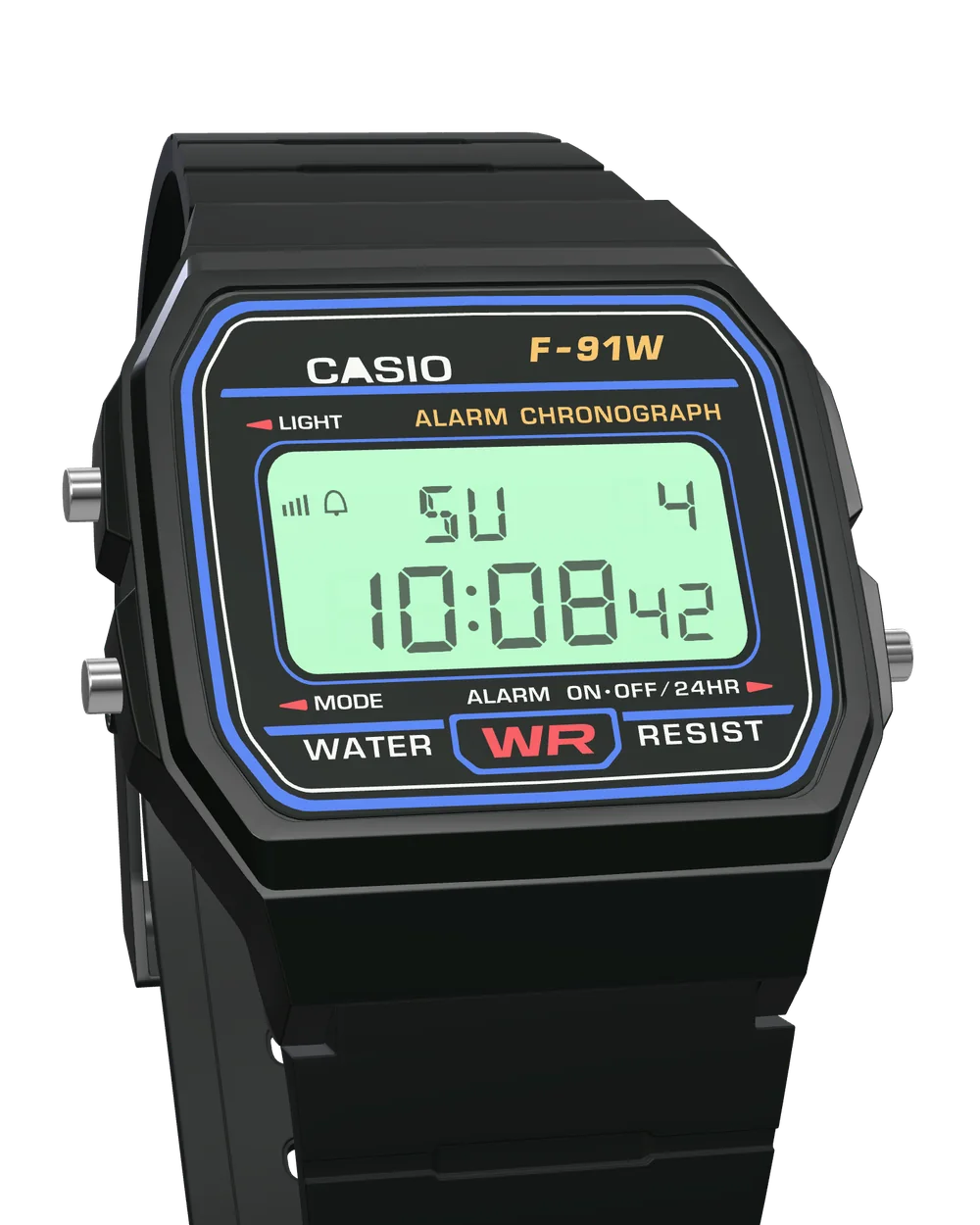 Casio F-91W-1 Classic Black, with the LED backlight on