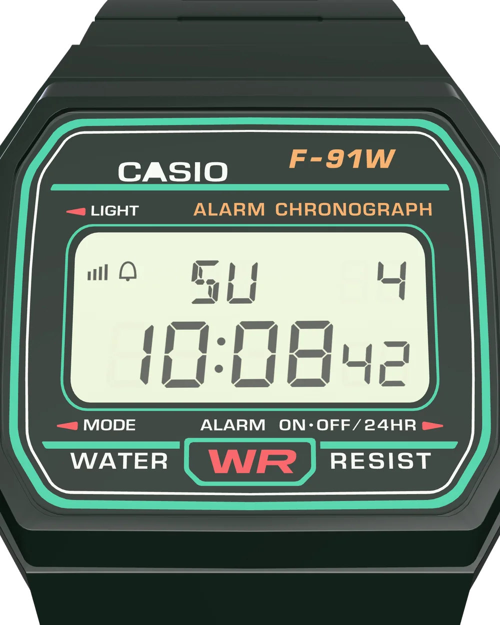 Casio F-91W-3 Deep Forest, display close-up