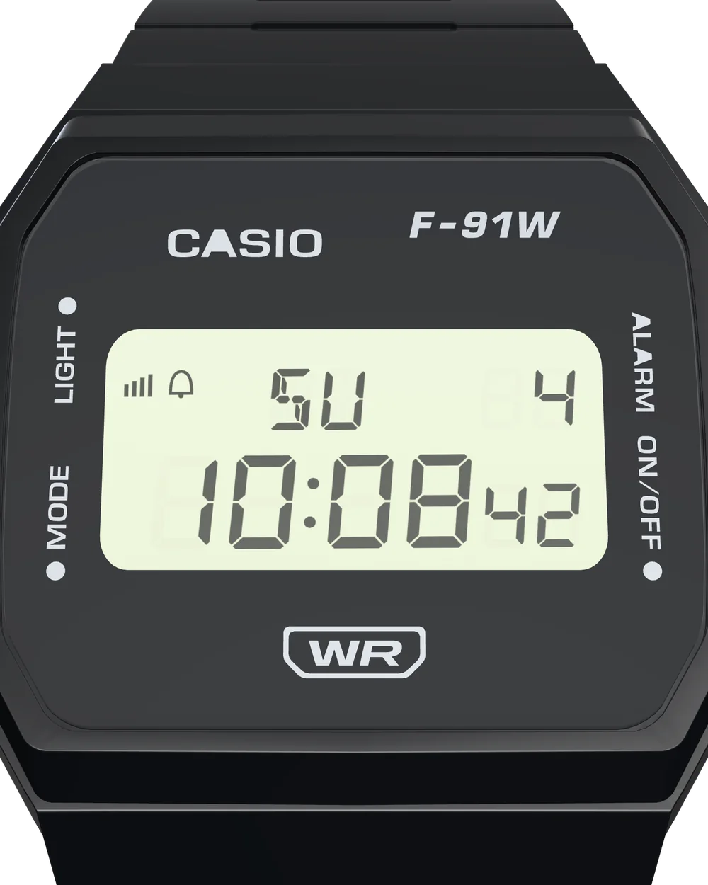 Casio F-91WB-1 Stealth Black, display close-up