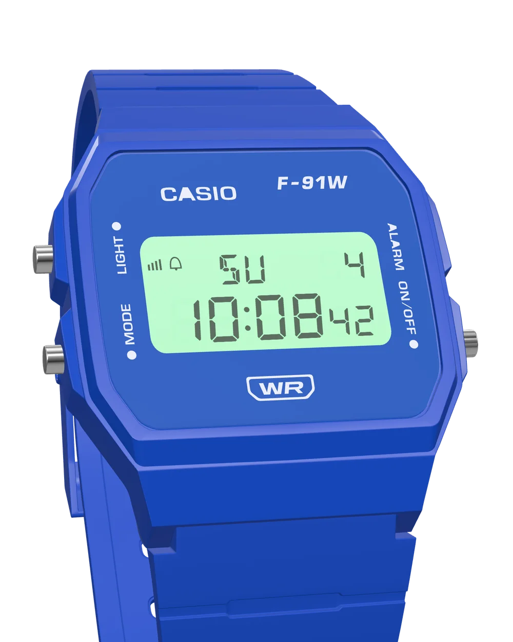 Casio F-91WB-2 Navy Blue, with the LED backlight on