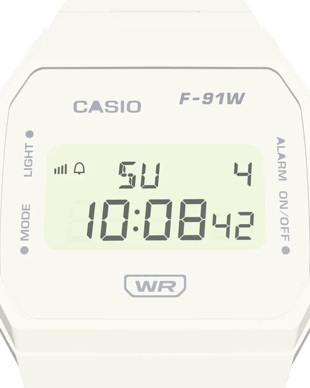 Casio F-91WB-7 Pure White, display close-up