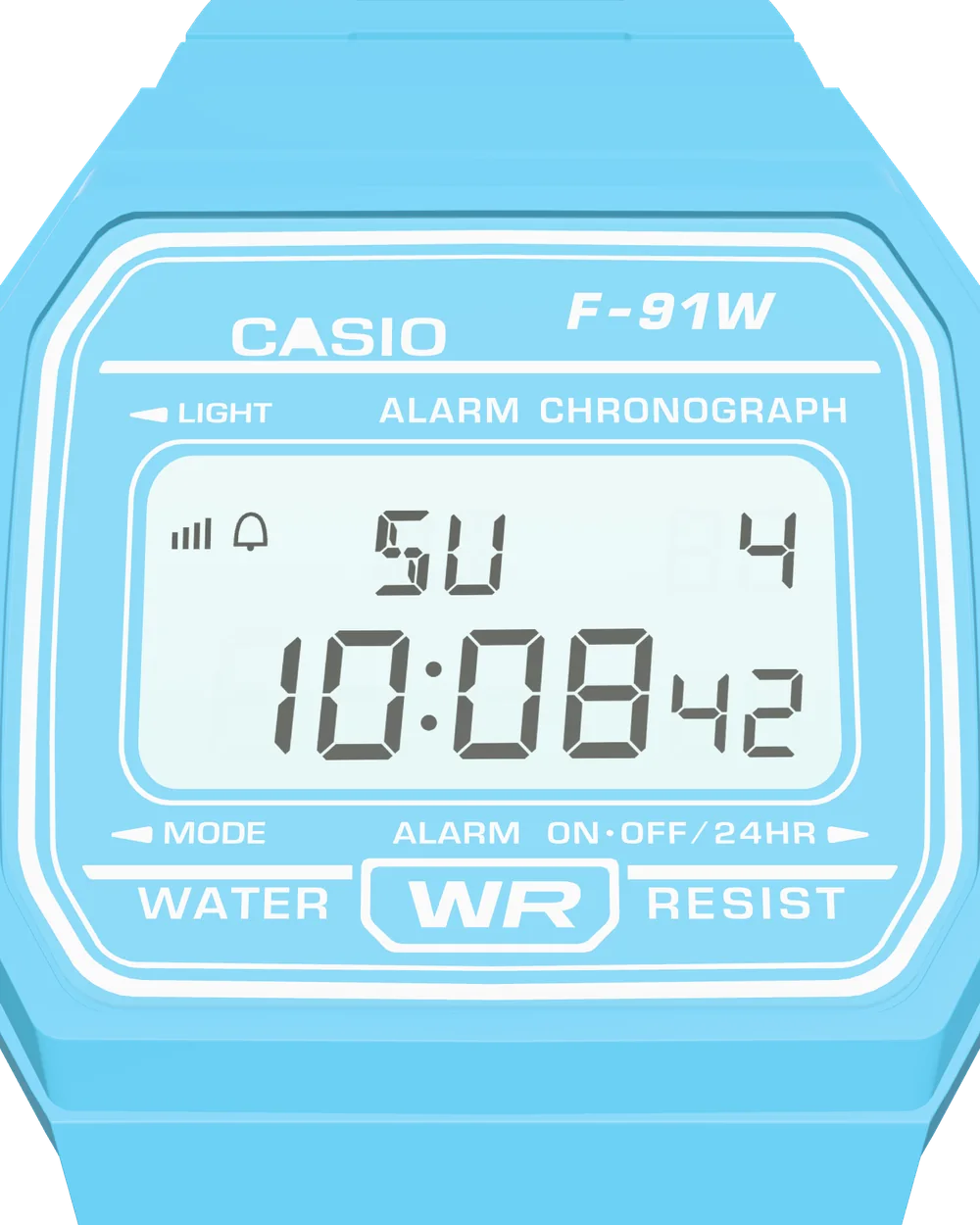 Casio F-91WC-2 Sky Blue, display close-up
