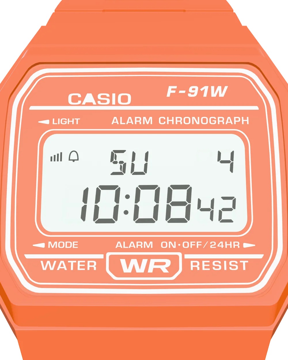 Casio F-91WC-4A2 Tangerine, display close-up