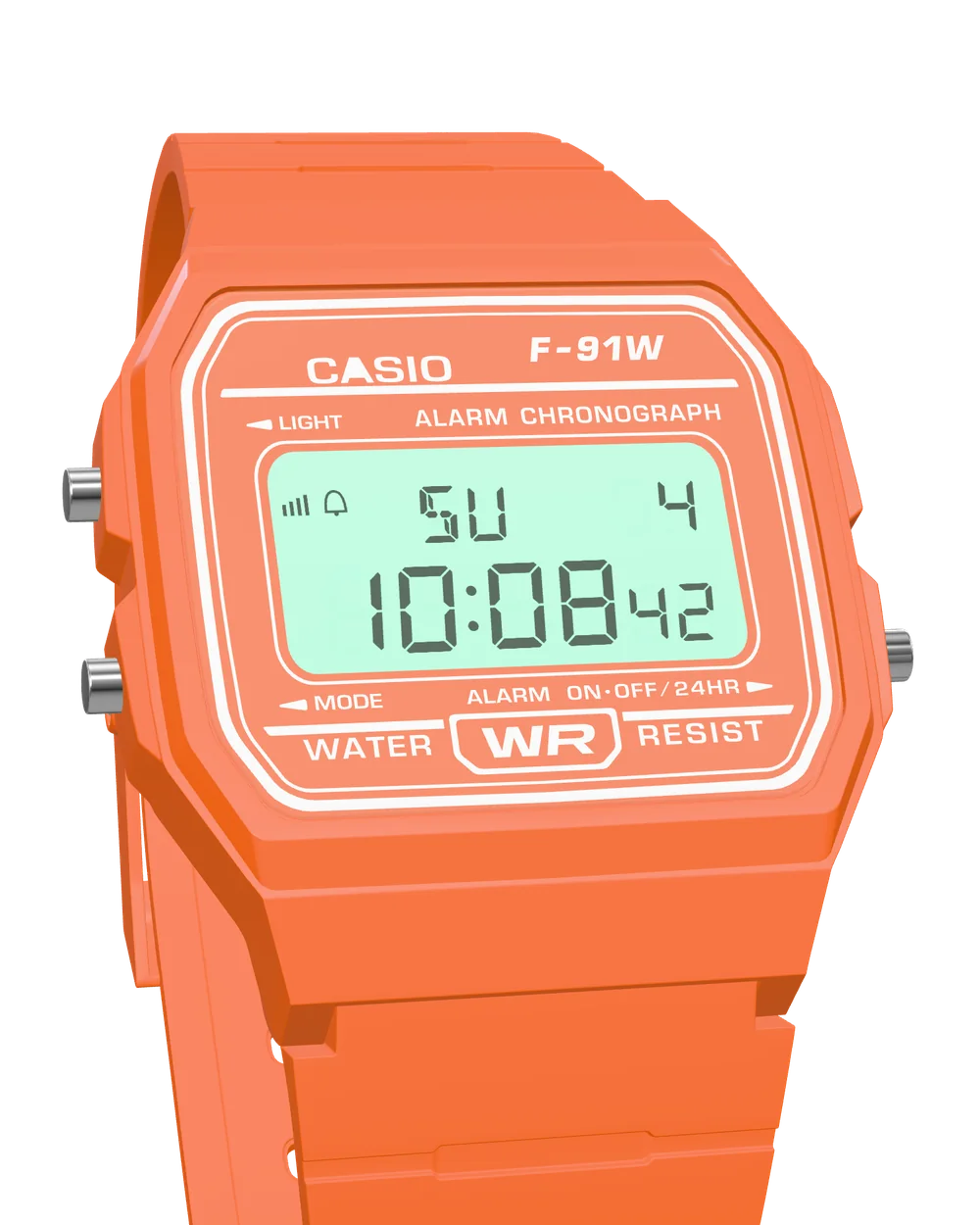Casio F-91WC-4A2 Tangerine, with the LED backlight on
