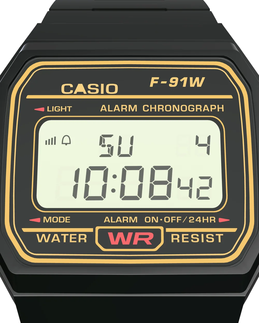 Casio F-91WG-9 Black & Gold, display close-up