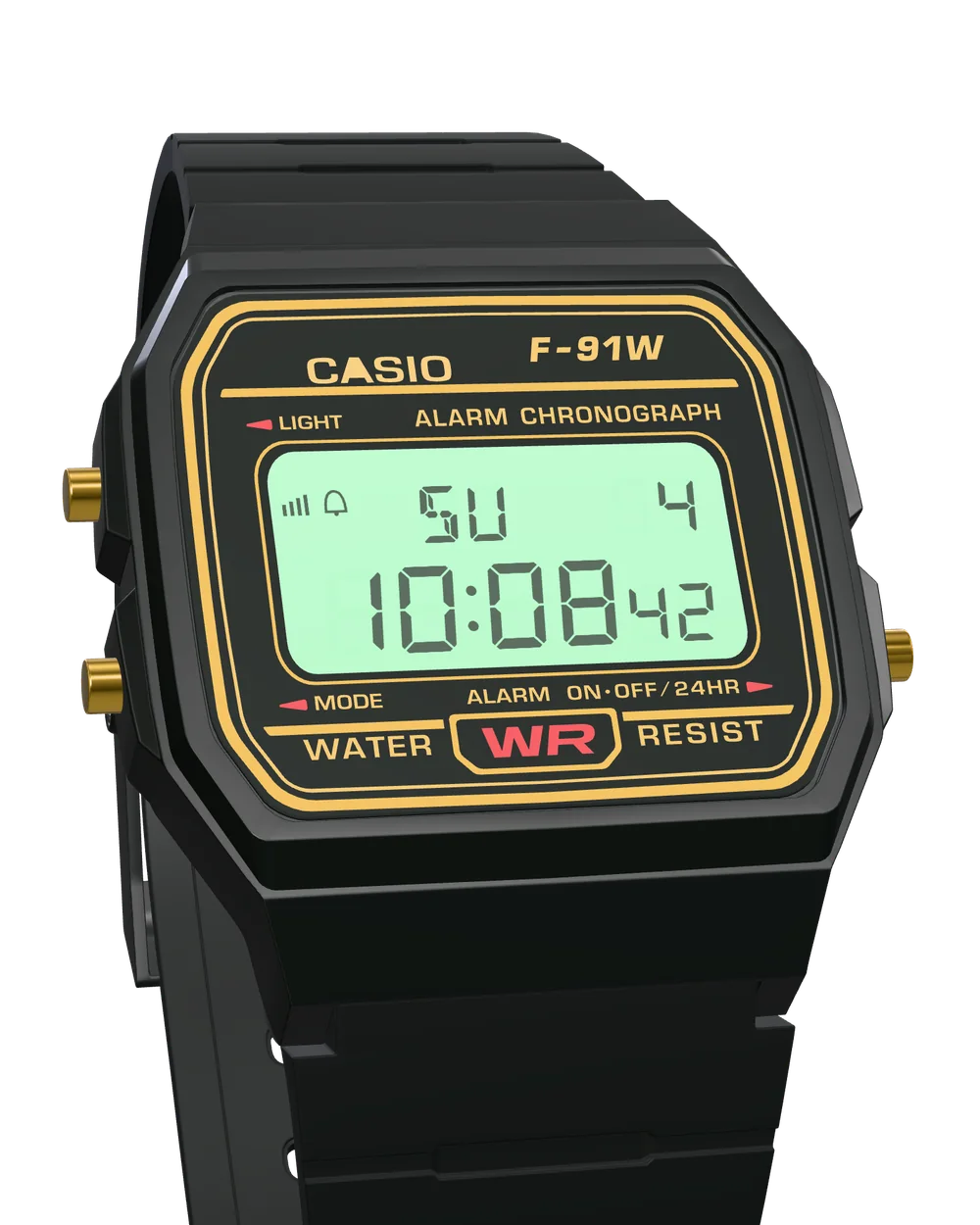 Casio F-91WG-9 Black & Gold, with the LED backlight on
